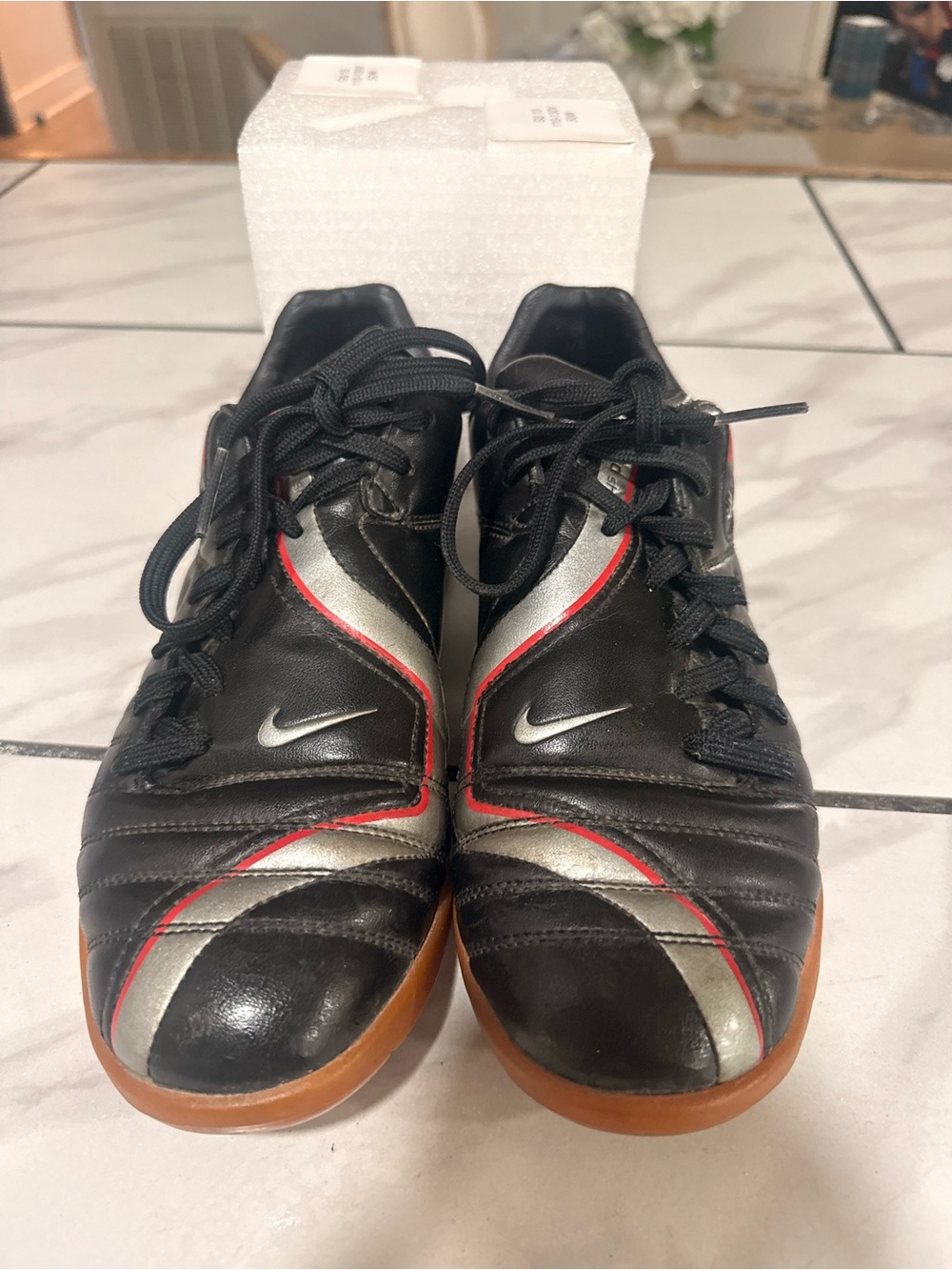Nike Men’s Black Indoor Soccer Shoes with Silver & Red Trim